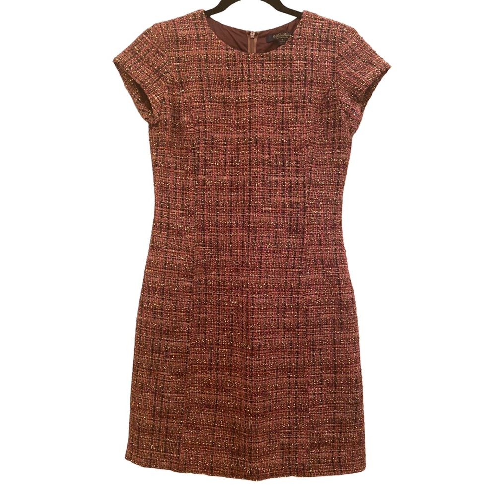 Pink with Gold Tweed, Cap Sleeve, Shift Dress